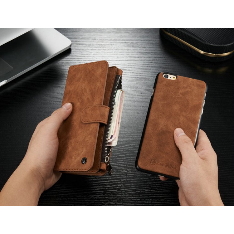 CASEME 2-dentro-1 Destacável 14 Slots Genuine Split Leather Wallet Case para iPhone 6s Plus / 6 Plus - Castanho-5