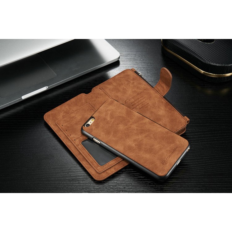 CASEME 2-dentro-1 Destacável 14 Slots Genuine Split Leather Wallet Case para iPhone 6s Plus / 6 Plus - Castanho-6