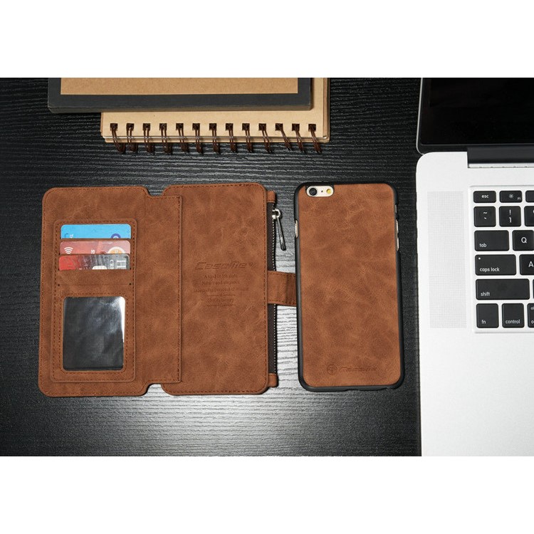 CASEME 2-dentro-1 Destacável 14 Slots Genuine Split Leather Wallet Case para iPhone 6s Plus / 6 Plus - Castanho-9