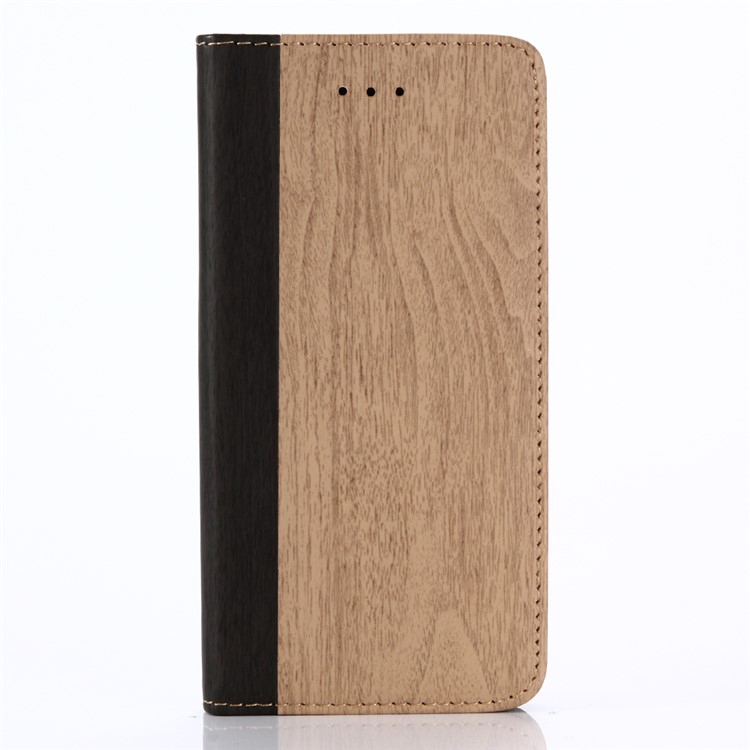 

For iPhone iPhone X/XS 5.8 inch Bi-color Wood Grain Stand Leather Flip Phone Case - Khaki