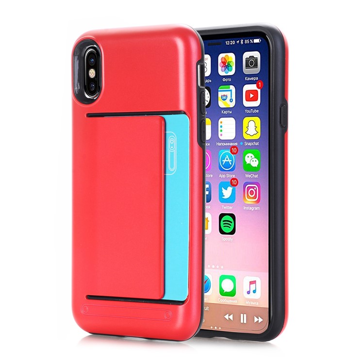 

Card Holder Plastic + TPU Hybrid Cell Phone Case for iPhone X/XS 5.8 inch - Red