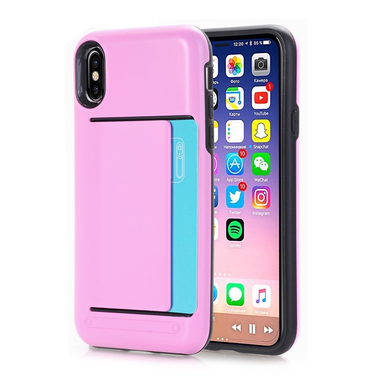 

Card Holder Plastic + TPU Combo Shell Case for iPhone X/XS 5.8 inch - Pink