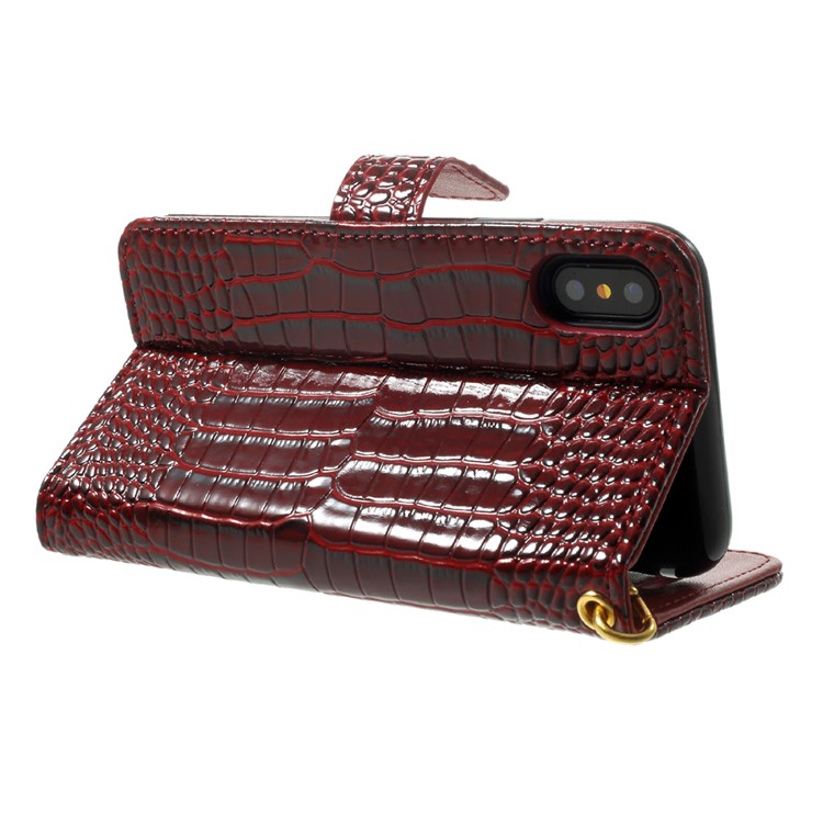 Crocodile Texture PU Leather Wallet Stand Mobile Phone Case with Strap for iPhone 8 - Red-5