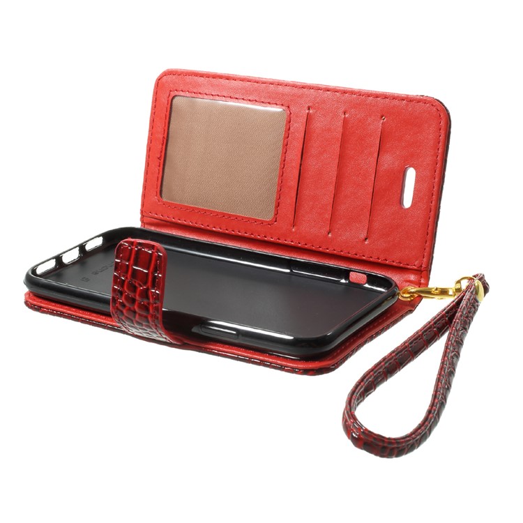 Crocodile Texture PU Leather Wallet Stand Mobile Phone Case with Strap for iPhone 8 - Red-6