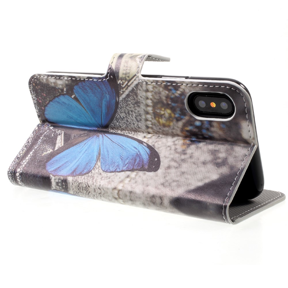 Padrão Impressão Carteira De Couro Flip Revestimento Para Iphone X / Xs 5,8 Polegadas - Borboleta Azul-5