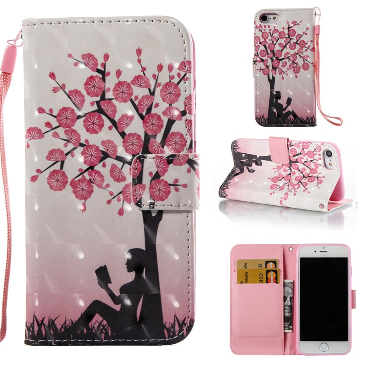 Patterned 3D Effect Wallet Leather Stand Case for iPhone 7 4.7 inch - Girl Reading Book-1