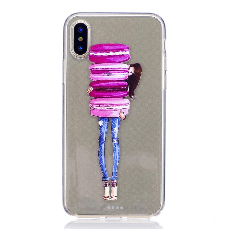 

For iPhone XS / X/10 5.8 inch Embossment Pattern Super Thin Transparent Soft TPU Back Cover - Girl Holding Macarons
