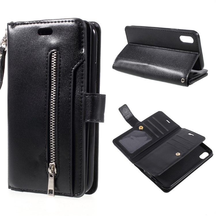 For Apple iPhone 8 Zipper Pocket 9 Card Slots Wallet Leather Case Stand - Black-1