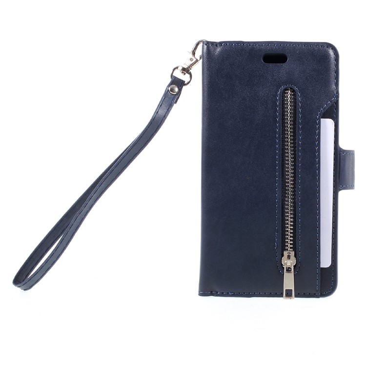 

Zipper Pocket Wallet 9 Card Slots Leather Mobile Casing for iPhone X 5.8 inch - Dark Blue