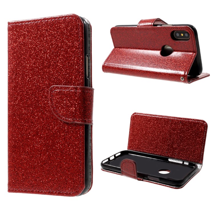 Flash Powder Leather Wallet Cellphone Cover for iPhone 8 - Red-1
