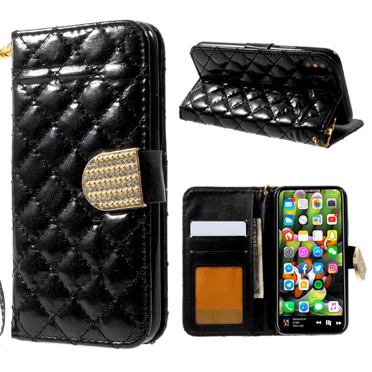 Quilted Plaid Diamante Leather Wallet Cover for iPhone 8 - Black-1