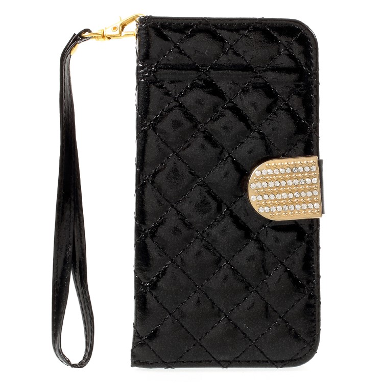 Quilted Plaid Diamante Leather Wallet Cover for iPhone 8 - Black-2