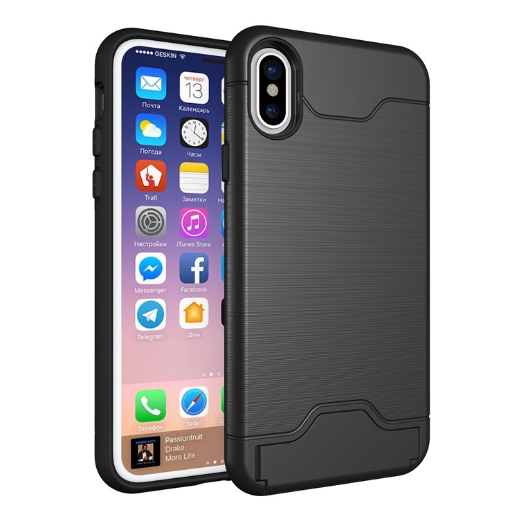 

For iPhone X 5.8 inch Brushed PC + TPU Hybrid Case with Kickstand & Card Holder - Black, iPhone X