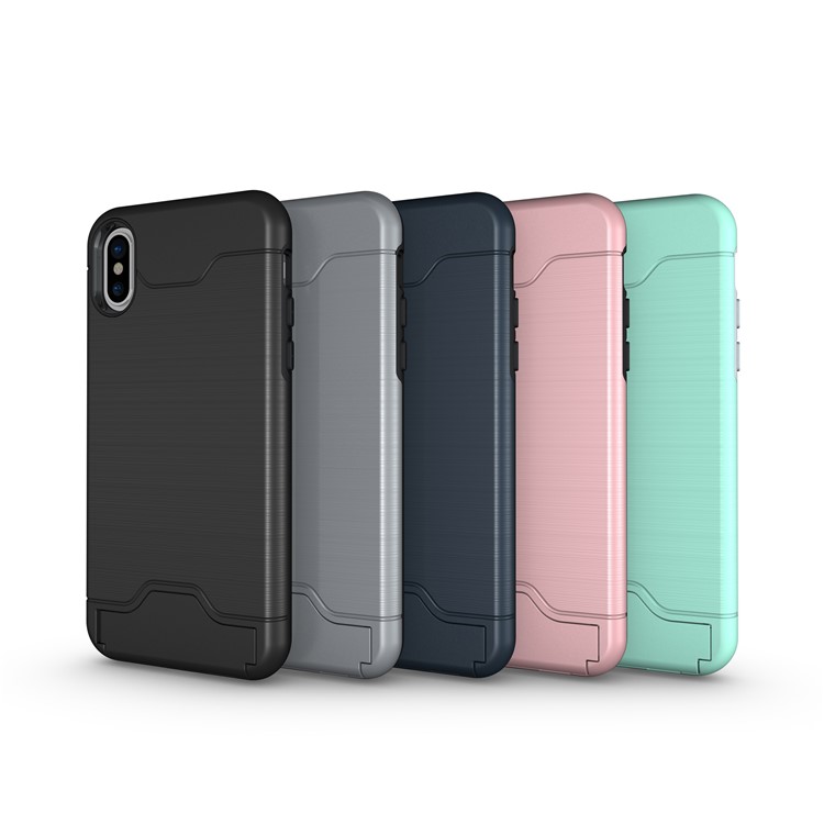 For iPhone 8 Brushed PC + TPU Hybrid Case with Kickstand & Card Holder - Black-11