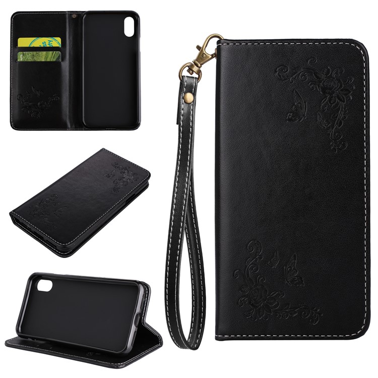 Imprint Butterfly Flower Auto-absorbed Leather Case with Card Slots for iPhone 8 - Black-1