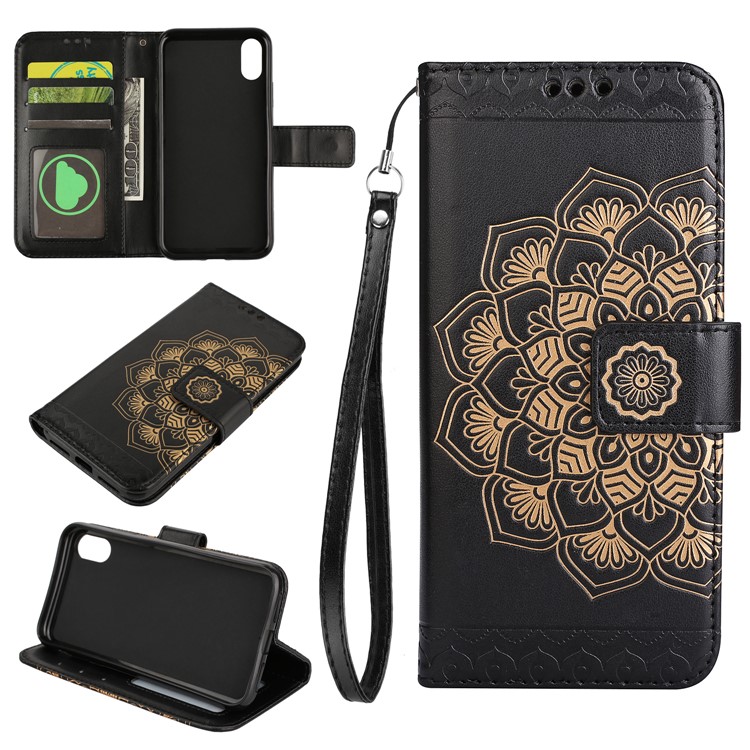Imprint Mandala Pattern Stand Wallet Leather Case with Strap for iPhone 8 - Black-1
