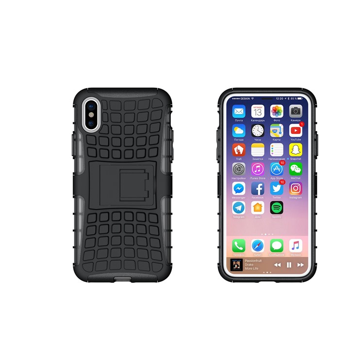 Anti-slip Tire Pattern Kickstand PC TPU Hybrid Case for iPhone 8 - Black-2