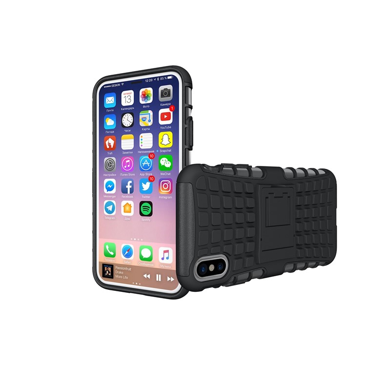Anti-slip Tire Pattern Kickstand PC TPU Hybrid Case for iPhone 8 - Black-3