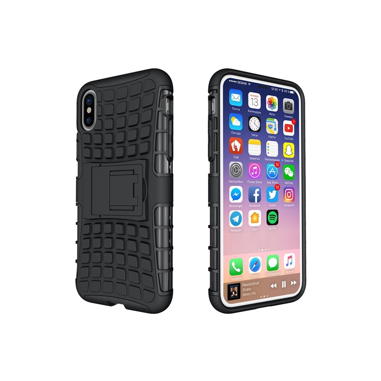 Anti-slip Tire Pattern Kickstand PC TPU Hybrid Case for iPhone 8 - Black-4
