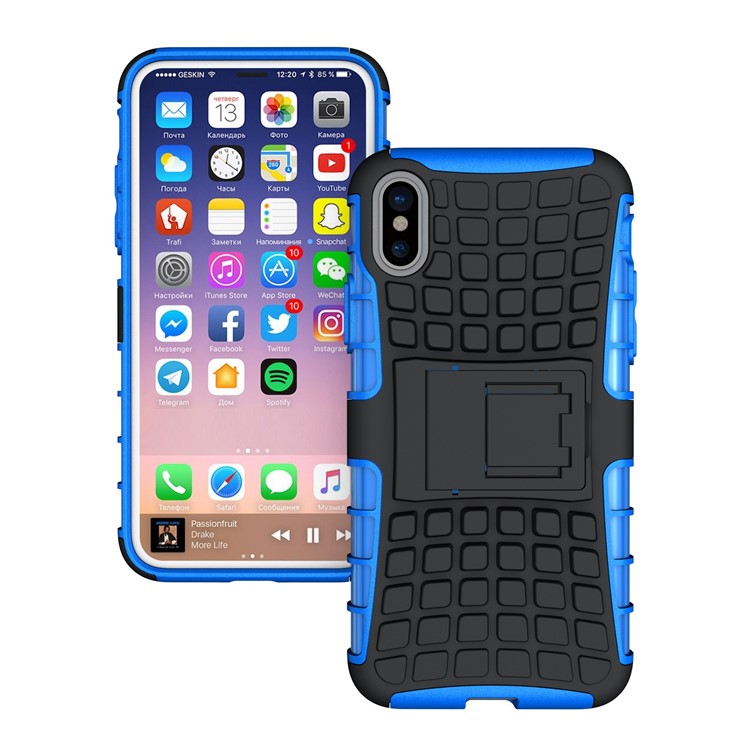 

For iPhone X/XS 5.8 inch Anti-slip Tire Pattern PC TPU Hybrid Case with Kickstand - Blue, iPhone Xs