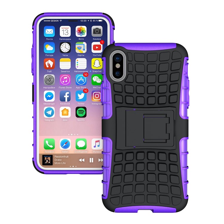

Anti-slip Tire Pattern Kickstand Hybrid PC TPU Protector Cover for iPhone X/XS 5.8 inch - Purple, iPhone Xs