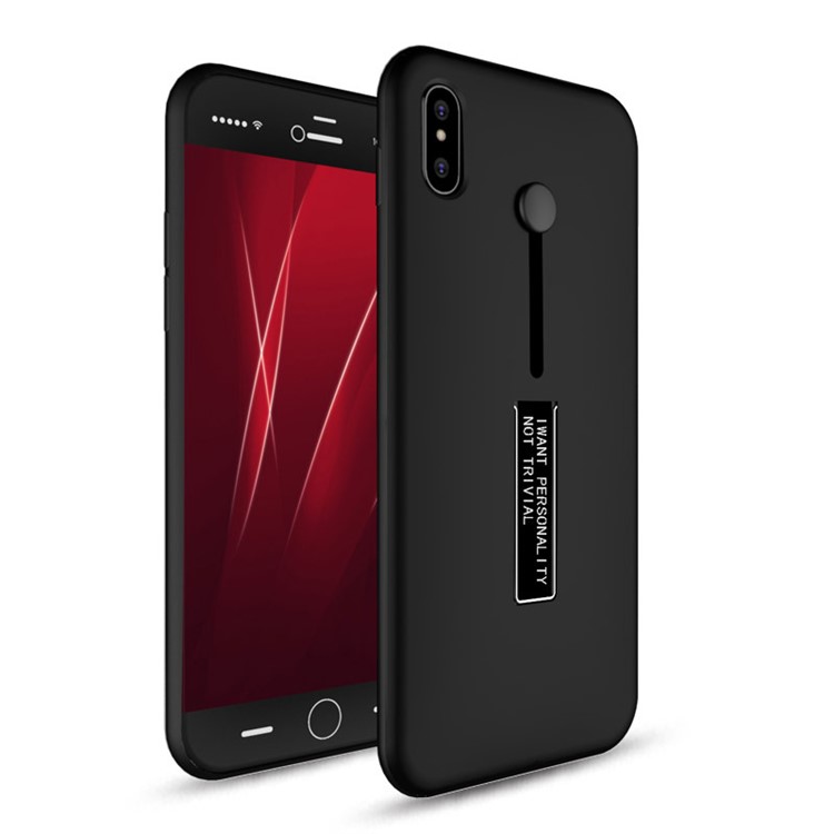 TPU + PC Hybrid Kickstand Case with Finger Holder Strap for iPhone 8 - Black-1