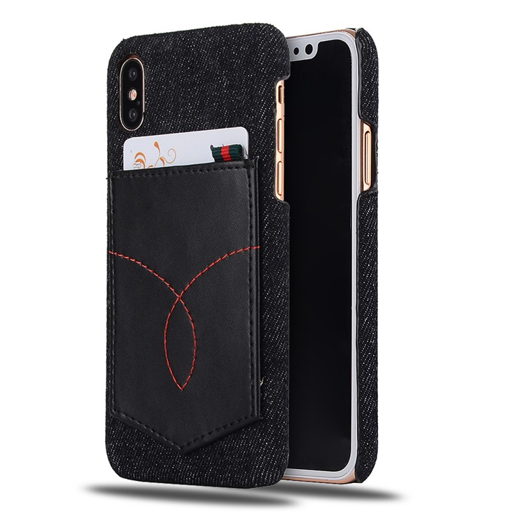 Jeans Cloth Coated PC Card Holder Cell Phone Case for iPhone 8 - Black-1