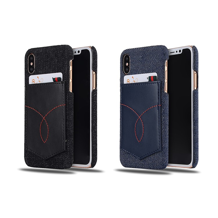 Jeans Cloth Coated PC Card Holder Cell Phone Case for iPhone 8 - Black-4