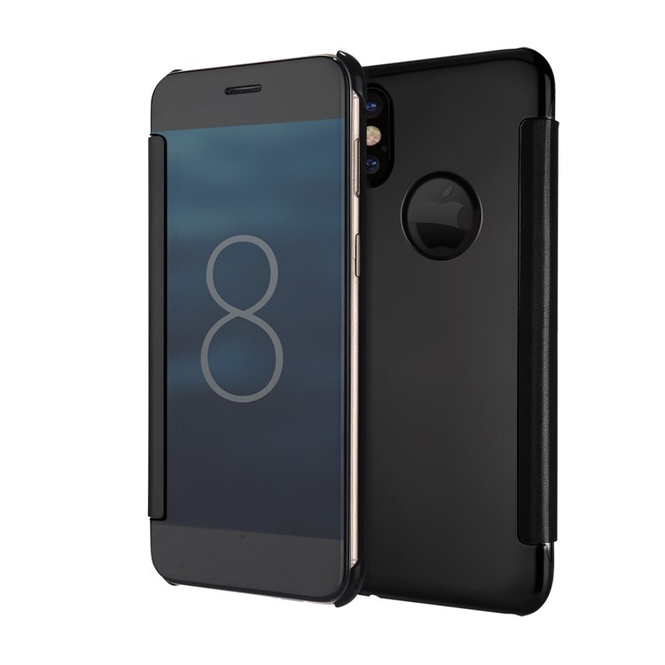For iPhone 8 Smart Window Mirror Plated Mobile Phone Protective Case (PC + PU Leather) - Black-1