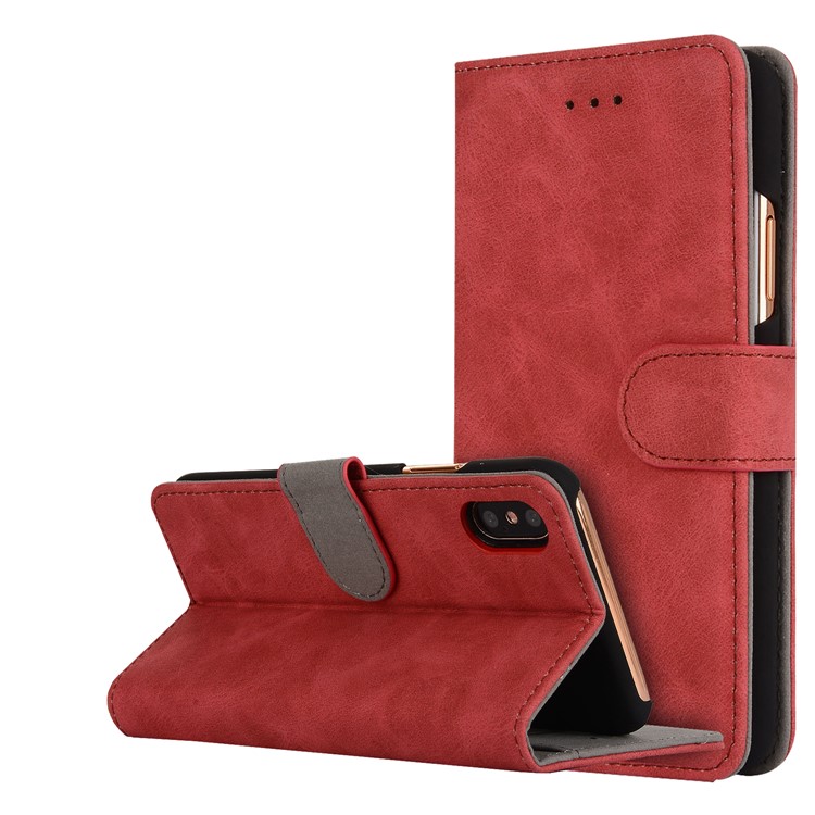 

Vintage Style Crazy Horse Wallet Leather Flip Stand Phone Cover for iPhone X/XS 5.8inch - Red, iPhone Xs
