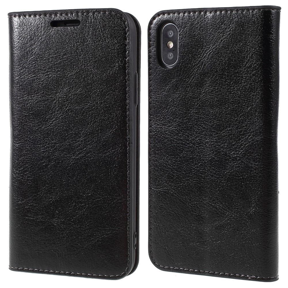 Étui en Cuir Authentique Crazy Horse Pour Iphone X 5,8 Pouces, Portefeuille Stand Flip Folio Couvercle de Protection - le Noir