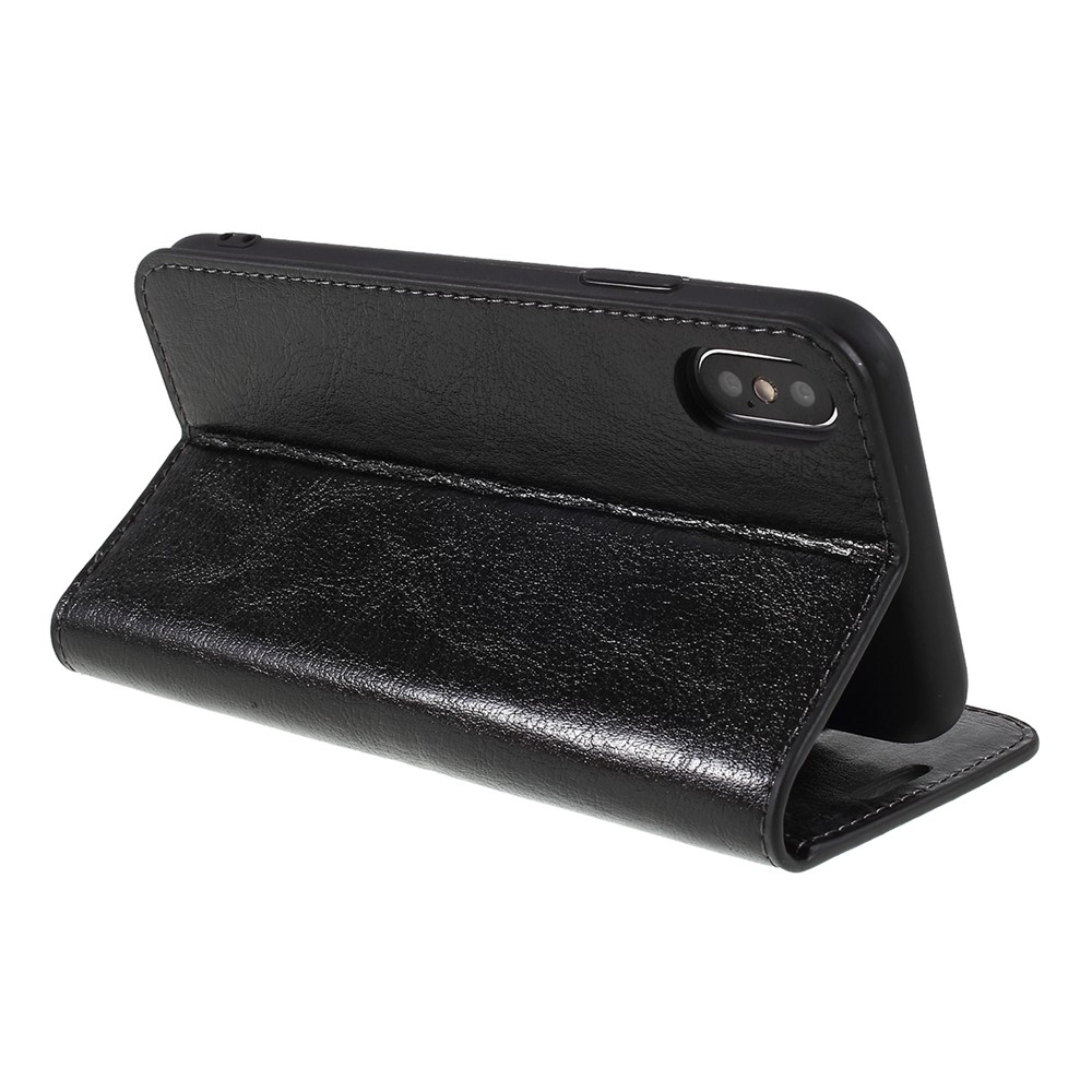 Caja de Cuero Genuino de Caballos Locos Para Iphone X 5.8 Pulgadas, Stand Billet Folio Cubierta Protectora - Negro