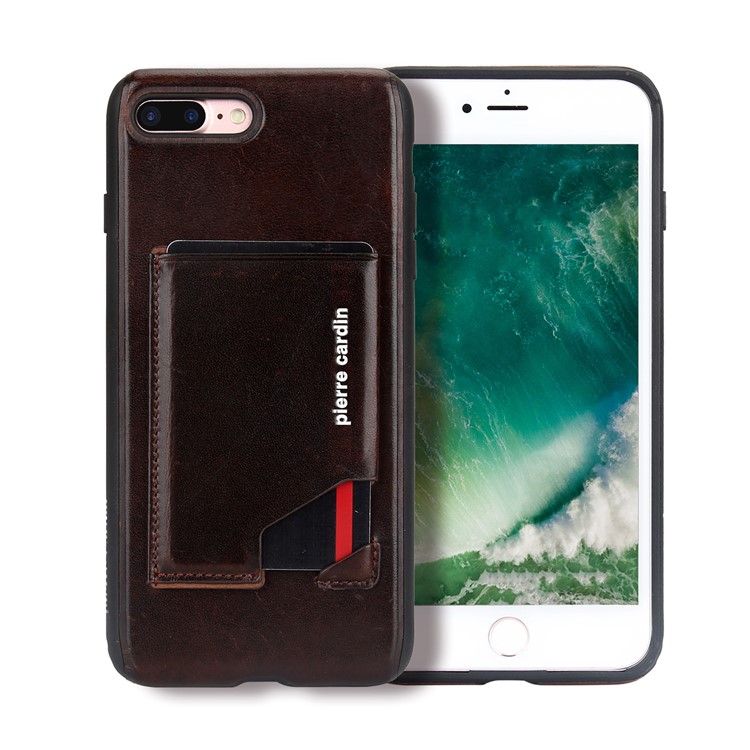 

PIERRE CARDIN Genuine Leather Coated Card Slot TPU Mobile Phone Cover for iPhone 7 Plus 5.5 inch - Coffee