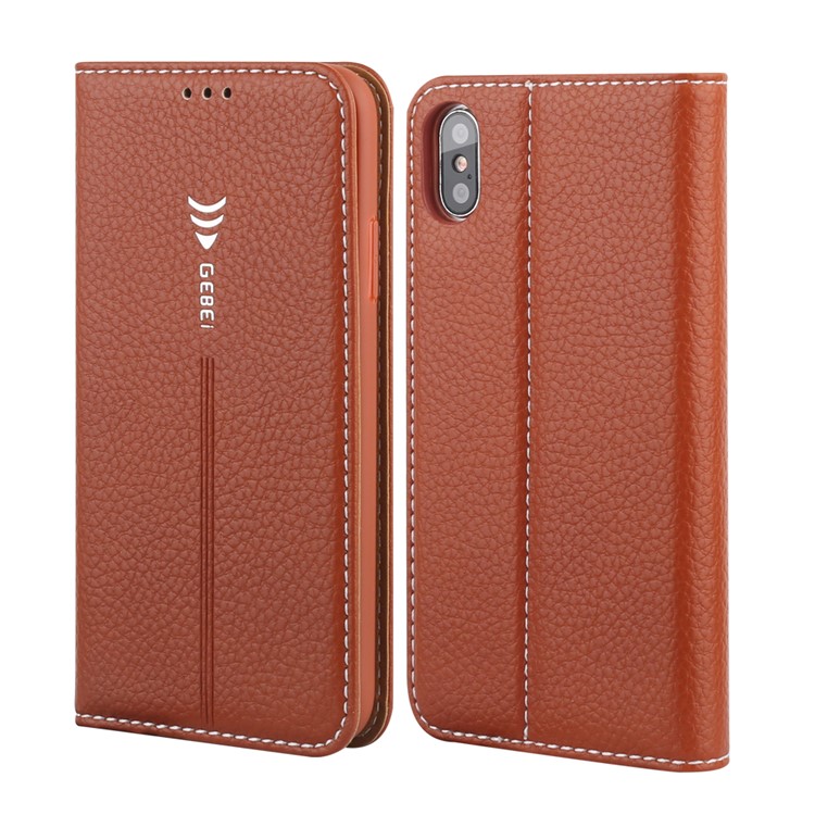 

GEBEI Litchi Grain Flip Leather Stand Mobile Cover with Card Holder for iPhone X/XS 5.8 inch - Brown