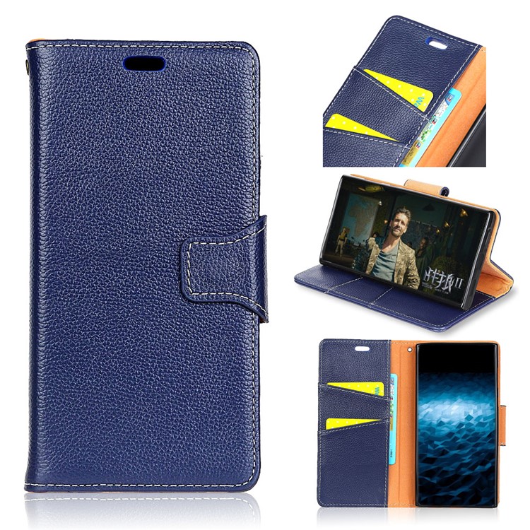 

Litchi Grain Wallet Stand Genuine Leather Case for iPhone X/XS 5.8inch - Blue