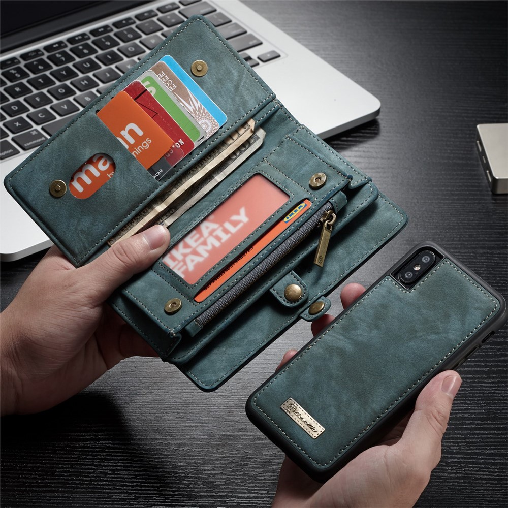 CASEME Destacável 2-em-1 Divisão Couro Multi-slot Carteira Shell Para Iphone X 5.8 Polegadas - verde-1