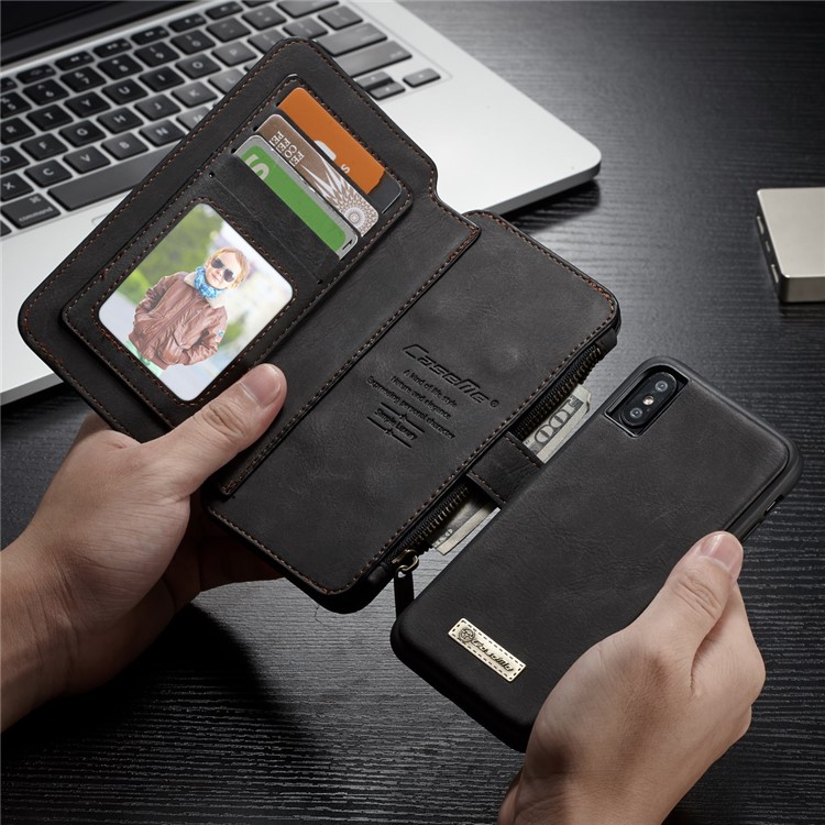 CASEME 2-dentro-1 múltiplas-slot Wallet Split Leather Phone Case para iPhone X 5.8 inch - negro-1