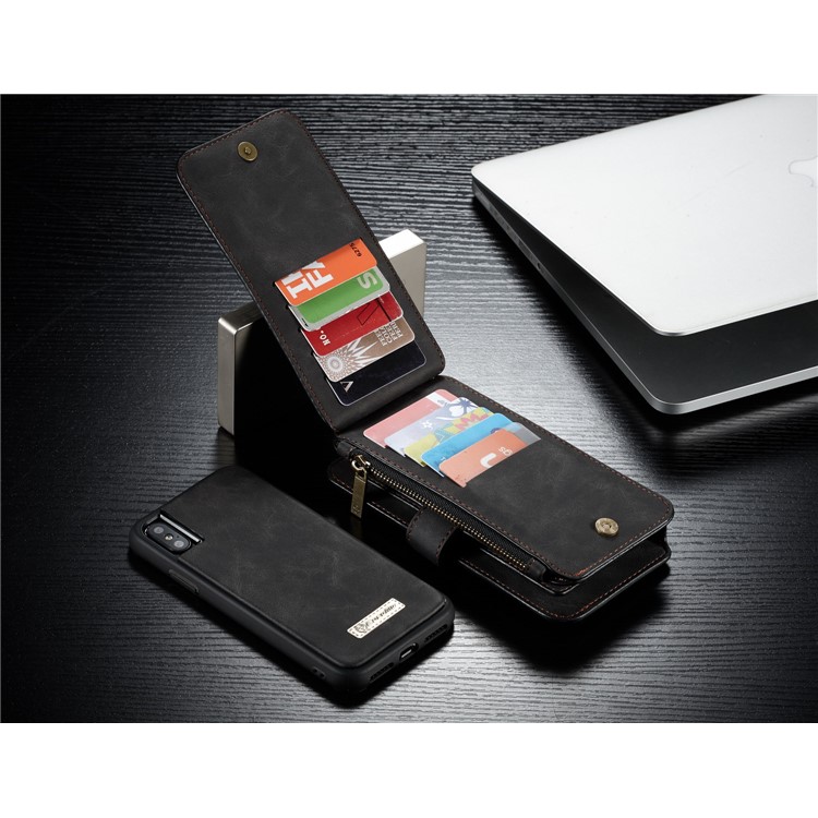 CASEME 2-dentro-1 múltiplas-slot Wallet Split Leather Phone Case para iPhone X 5.8 inch - negro-13