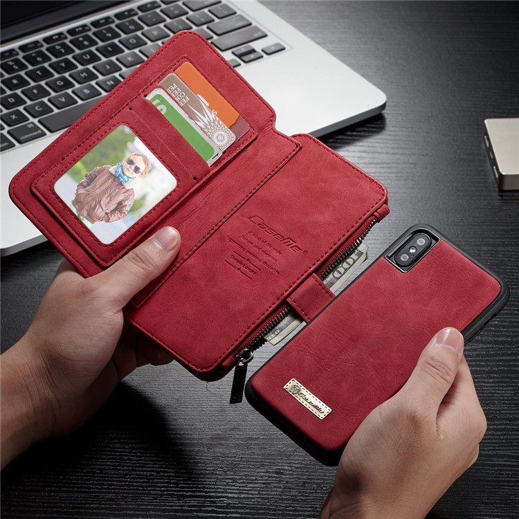 CASEME 2-dentro-1 Multifunctional Wallet Card Slots Split Leather Shell para iPhone X 5.8 inch - vermelho-1