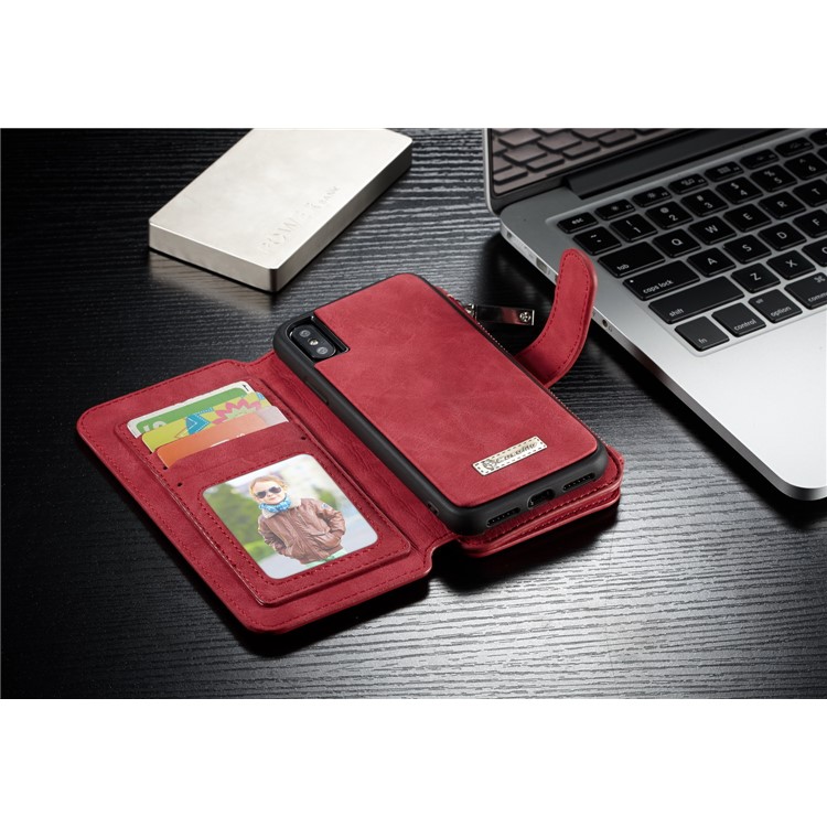 CASEME 2-dentro-1 Multifunctional Wallet Card Slots Split Leather Shell para iPhone X 5.8 inch - vermelho-10