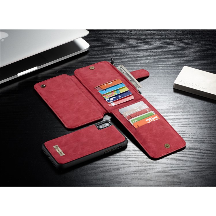 CASEME 2-dentro-1 Multifunctional Wallet Card Slots Split Leather Shell para iPhone X 5.8 inch - vermelho-11