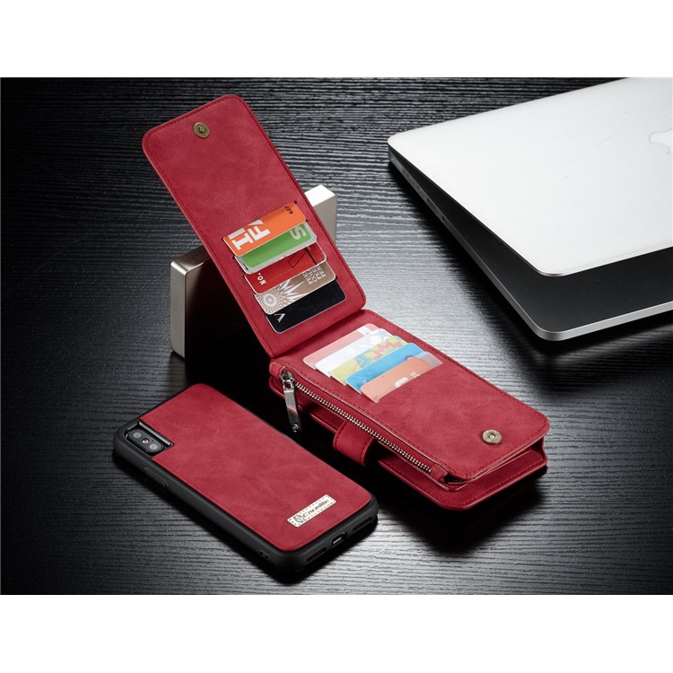CASEME 2-dentro-1 Multifunctional Wallet Card Slots Split Leather Shell para iPhone X 5.8 inch - vermelho-12