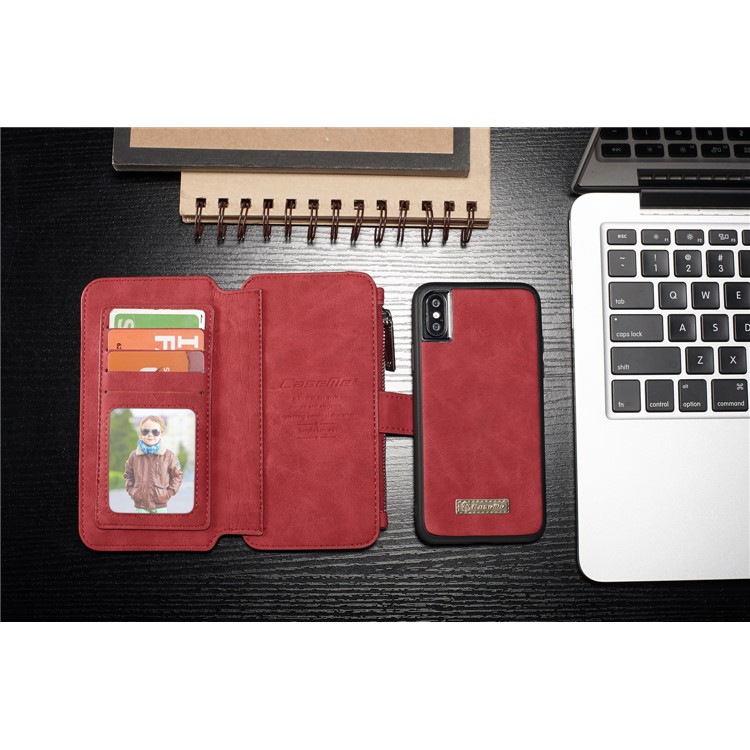 CASEME 2-dentro-1 Multifunctional Wallet Card Slots Split Leather Shell para iPhone X 5.8 inch - vermelho-2