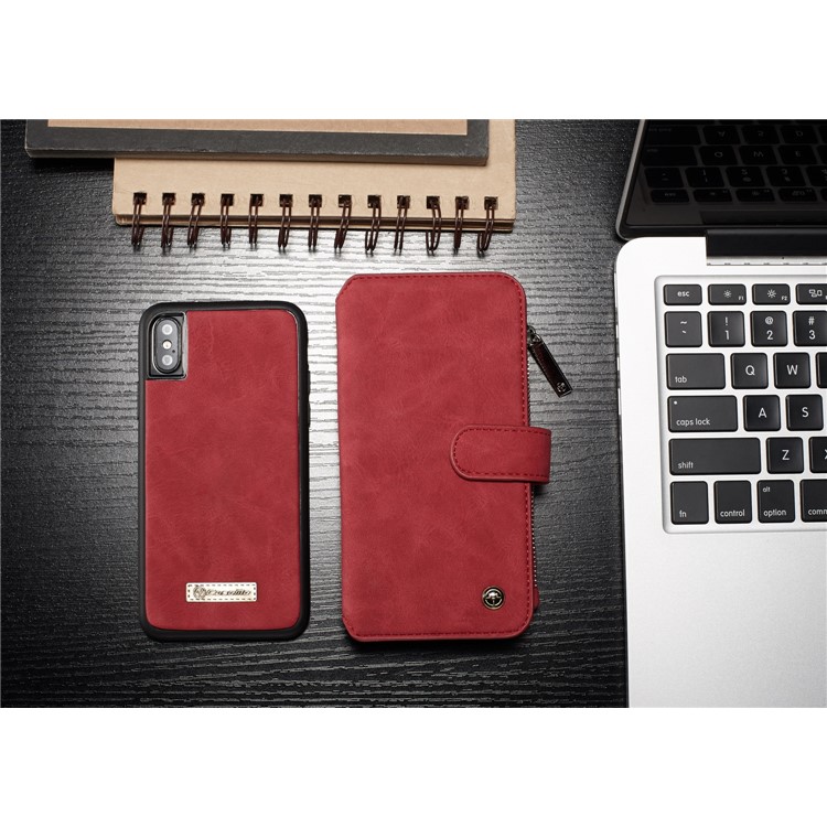 CASEME 2-dentro-1 Multifunctional Wallet Card Slots Split Leather Shell para iPhone X 5.8 inch - vermelho-3