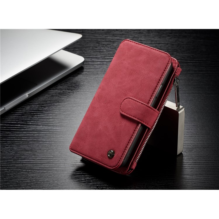 CASEME 2-dentro-1 Multifunctional Wallet Card Slots Split Leather Shell para iPhone X 5.8 inch - vermelho-4