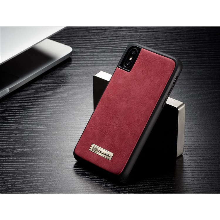 CASEME 2-dentro-1 Multifunctional Wallet Card Slots Split Leather Shell para iPhone X 5.8 inch - vermelho-6
