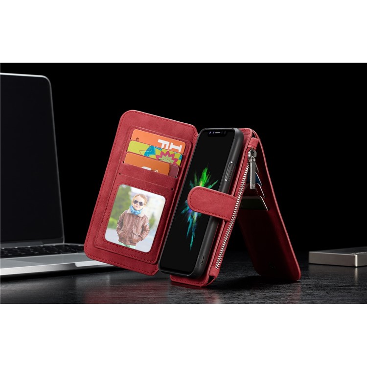 CASEME 2-dentro-1 Multifunctional Wallet Card Slots Split Leather Shell para iPhone X 5.8 inch - vermelho-7
