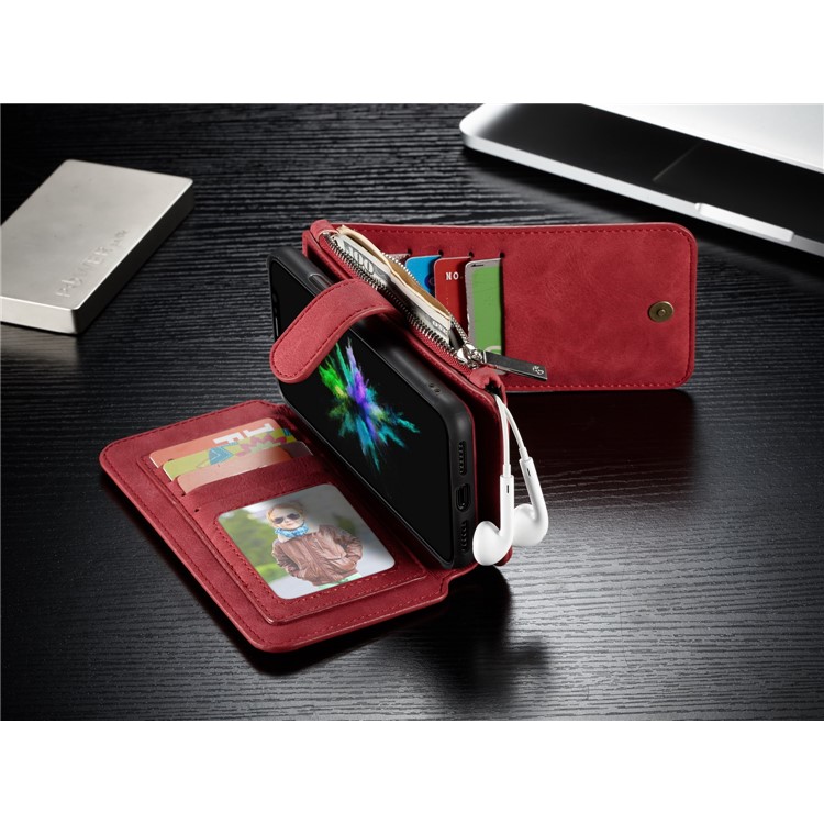CASEME 2-dentro-1 Multifunctional Wallet Card Slots Split Leather Shell para iPhone X 5.8 inch - vermelho-8