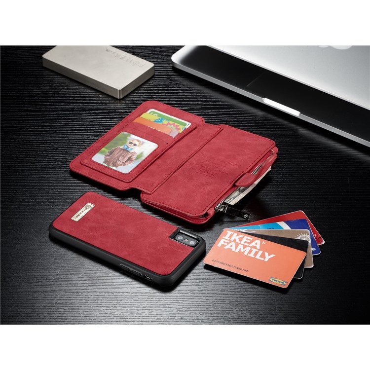 CASEME 2-dentro-1 Multifunctional Wallet Card Slots Split Leather Shell para iPhone X 5.8 inch - vermelho-9