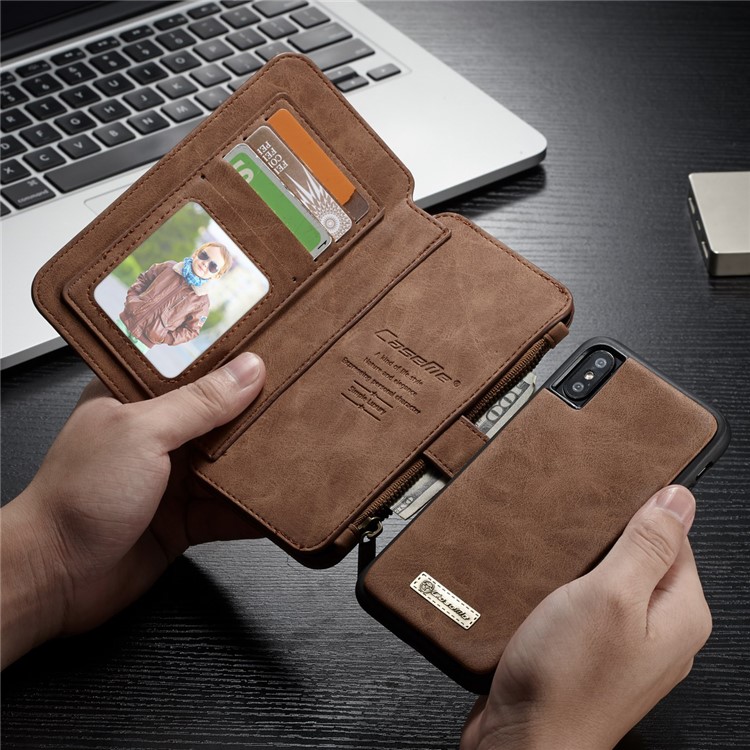 CASEME 2-in-1 Split Leder Multi-Slot Geldbörse Mobile Cover für iPhone X 5.8 Zoll-Braun-1